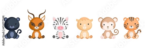 Collection of sitting little animals in cartoon style. Cute african animals characters for kids cards, baby shower, birthday invitation, house interior. Bright colored childish vector illustration.