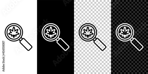 Set line Magnifying glass and medical marijuana or cannabis leaf icon isolated on black and white background. Hemp symbol. Vector Illustration
