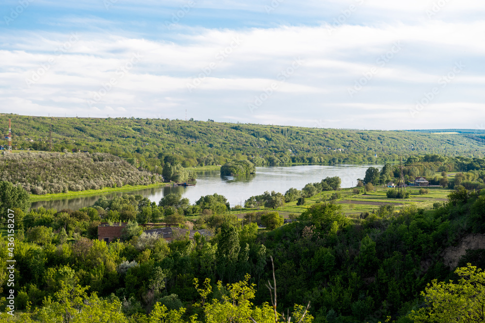 spring landscape of the Dniester river on the border of Ukraine with Moldova