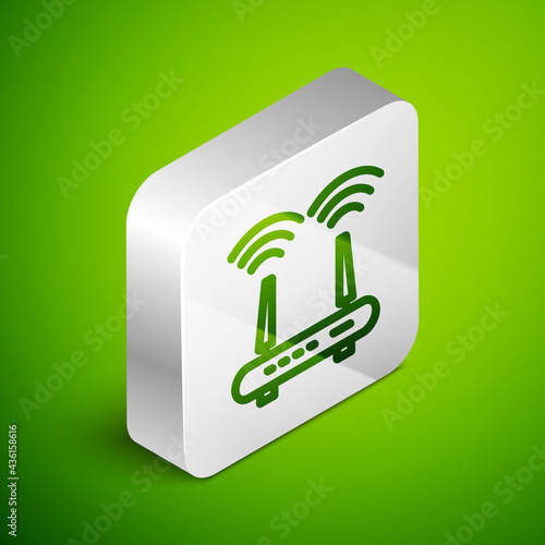 Isometric line Router and wi-fi signal icon isolated on green background. Wireless ethernet modem router. Computer technology internet. Silver square button. Vector