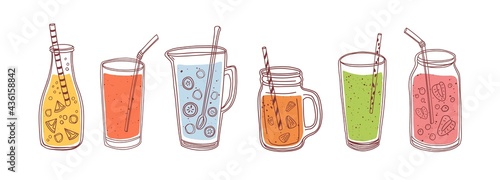 Set of detox drinks, fruit smoothies, organic lemonades in glass bottles, jars and jugs with straws. Refreshing summer homemade beverages. Colored flat vector illustration isolated on white background