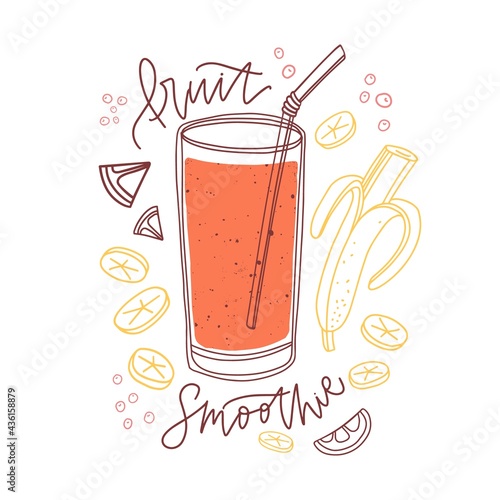 Glass of mixed fruit smoothie with banana and citrus slices, berries. Fresh o...