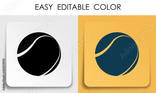 Sports tennis ball icon on paper square sticker with shadow. Sport equipment. Mobile app button. Vector