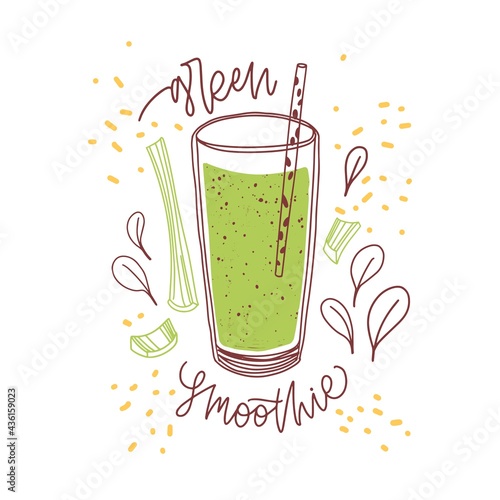 Glass of fresh green smoothie with celery stalk and basil leaves. Organic dri...