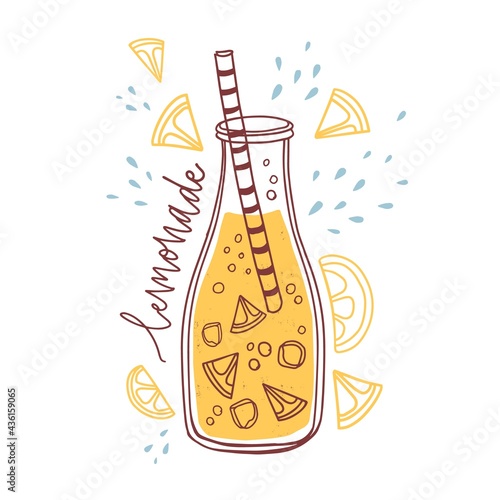 Glass bottle of tropical lemonade with straw. Cold summer drink with lemon pi...