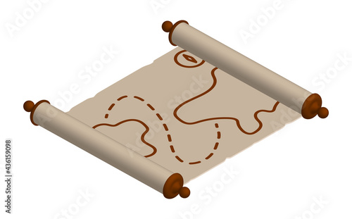 3d old map. Papyrus paper rolled up. Medieval letters and pirate treasure maps. Isometric vector