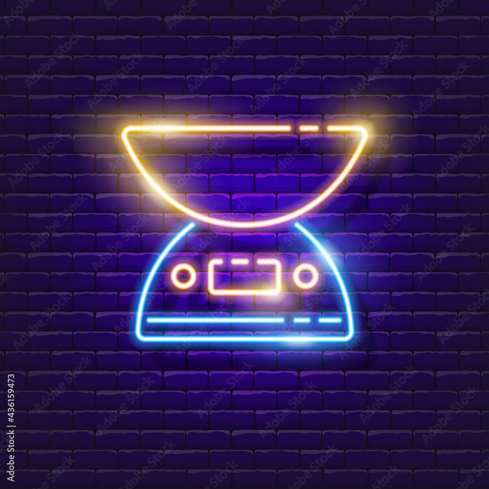 Kitchen scales neon sign. Vector illustration for design. Cooking concept. Glowing icon of household appliances for the kitchen. Kitchen scales neon sign. Vector illustration for design. Cooking concept. Glowing icon of household appliances for the kitchen.