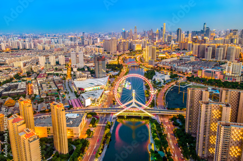Tableau sur toile Aerial photography of skyline night scene of Tianjin urban architectural landsca