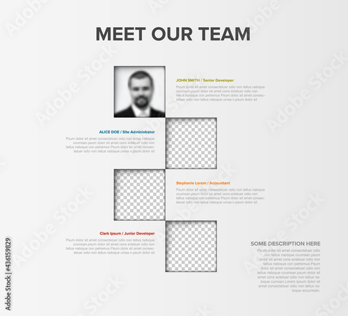 Meet out team mosaic presentation template page with photos