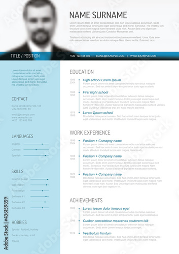 Minimalist resume cv template with blue accent and header photo