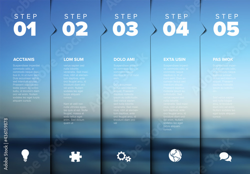 Five steps progress page template with big photo placeholder