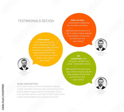 Light Testimonial reviews section layout template with circle speech bubbles