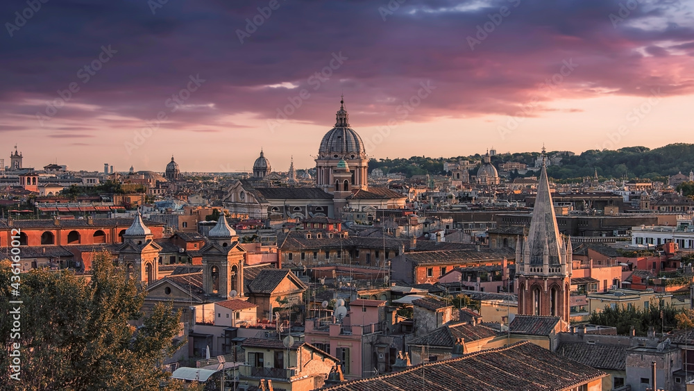 Rome city roofs at sunset