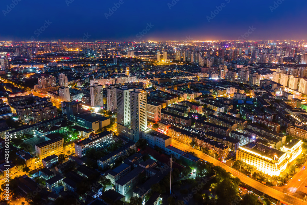 Aerial photography of skyline night scene of Tianjin urban architectural landscape