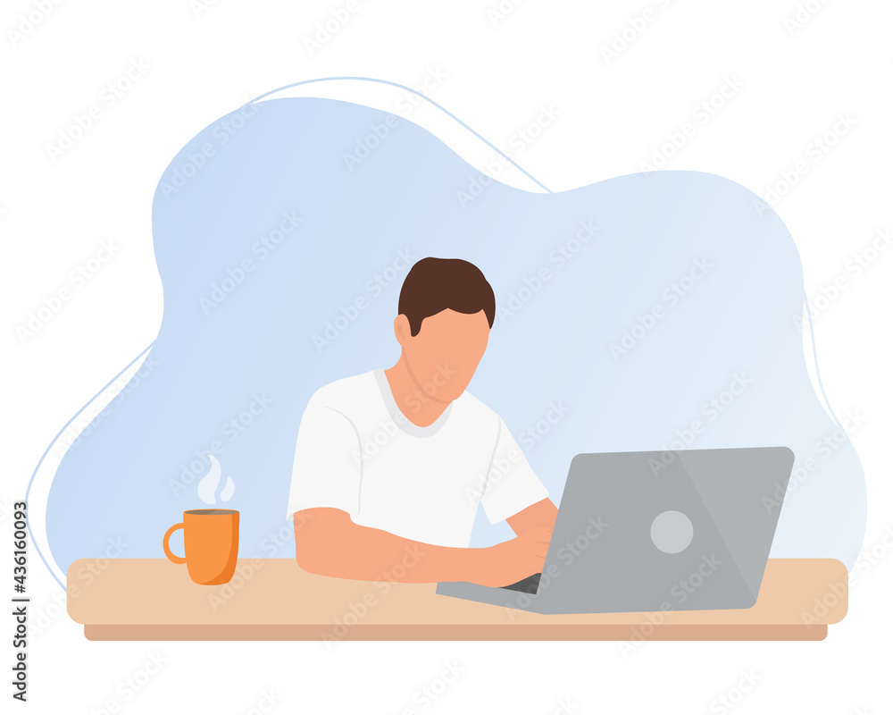 Man is working at the desktop with a laptop. Freelance, online education, web surfing or office worker. Vector illustration in cartoon style Man is working at the desktop with a laptop. Freelance, online education, web surfing or office worker. Vector illustration in cartoon style
