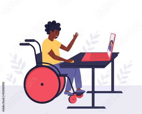 An African American disabled guy communicates with a girl he knows through video communication. The concept of an accessible environment for people with disabilities. Vector flat illustration