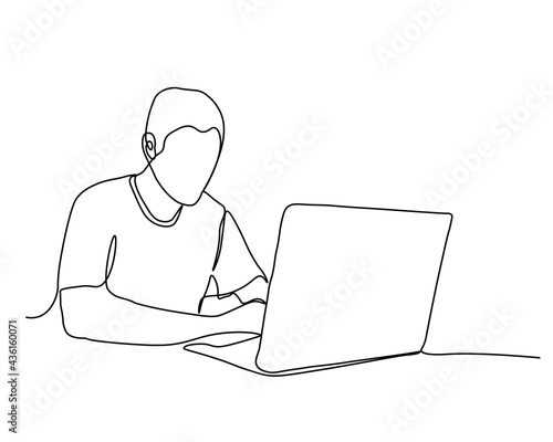 One line drawing of a man working with a laptop at the table. Trendy one line draw design graphic vector illustration.