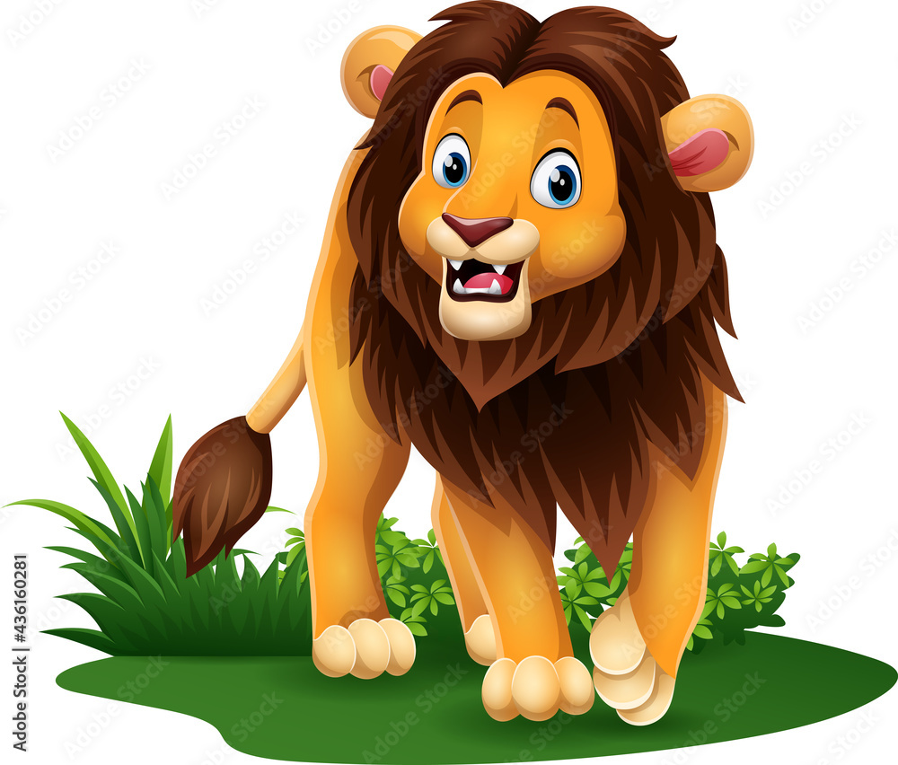 Obraz premium Cartoon happy lion in grass