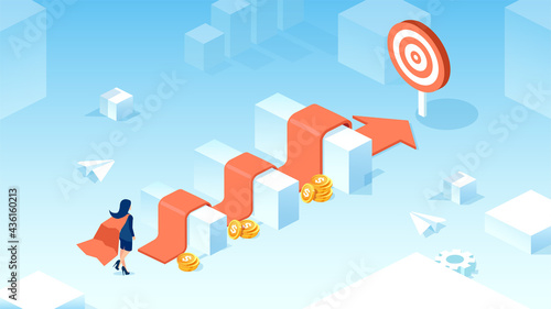 Vector of a super hero business woman aiming at financial success