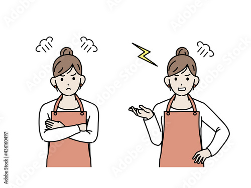 主婦　怒る　激怒　叱る　表情　ポーズ　女性　上半身　イラスト素材