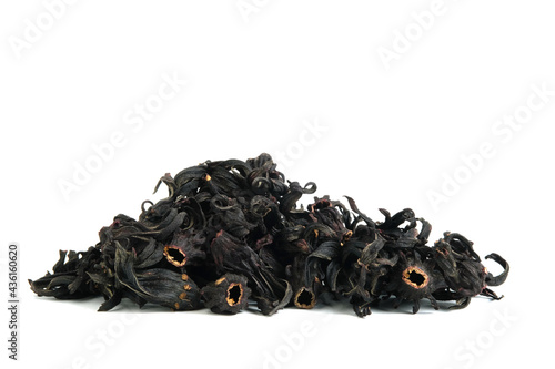 Pile of dried Rosella flower ( Hibiscus sabdariffa ) isolated on white background photo