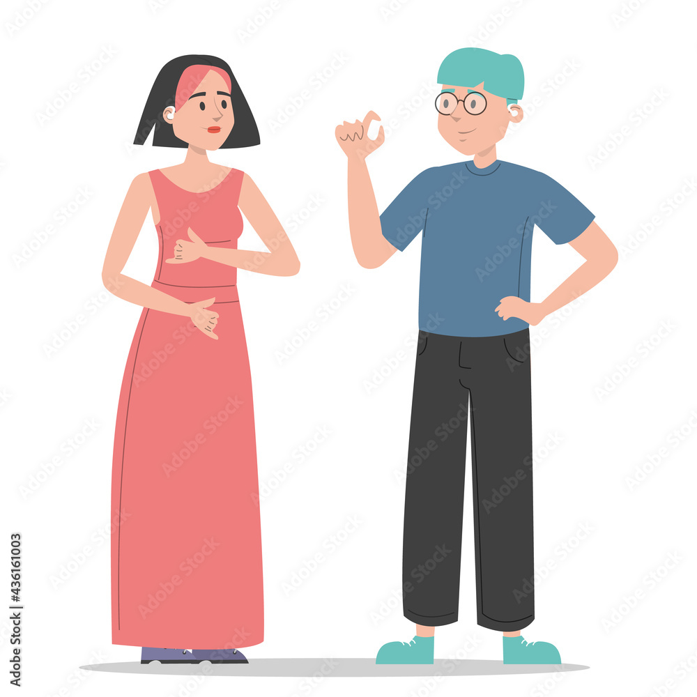 Deaf people talking using sign language vector isolated. Young adult characters with disability, hear loss. Beautiful woman and man talking. Deaf people talking using sign language vector isolated. Young adult characters with disability, hear loss. Beautiful woman and man talking.