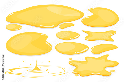 Set of yellow puddles vector isolated. Oil, honey, urine or gasoline liquid. Gold colored natural shape of stain. Wet spot.