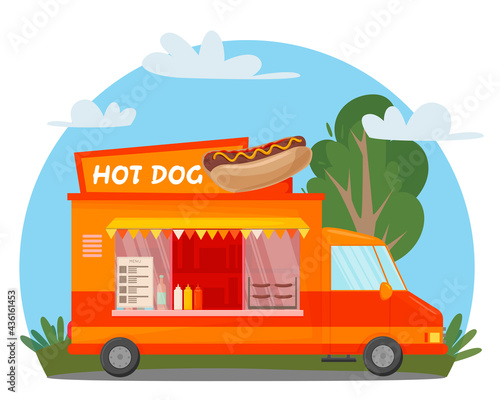 Fast food street hot dog bus. Food in the park in nature. Fast food business seller kiosk. Hot dog fast food shop street van city . For design, web, graphics and advertising. Vector illustration