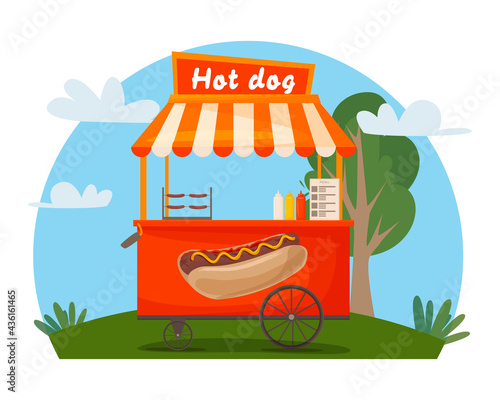 Fast food street hot dog cart. Hot dog trolley service provider stand. Fast food business seller kiosk. Hot dog fast food shop street cart city flat vector. For design, web, graphics and advertising.