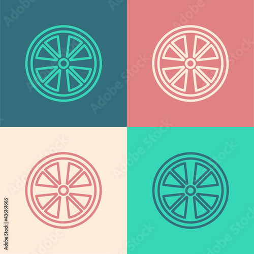 Pop art line Alloy wheel for a car icon isolated on color background. Vector