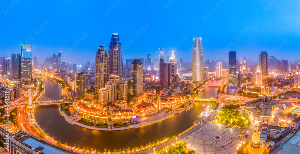 Aerial photography of skyline night scene of Tianjin urban architectural landscape