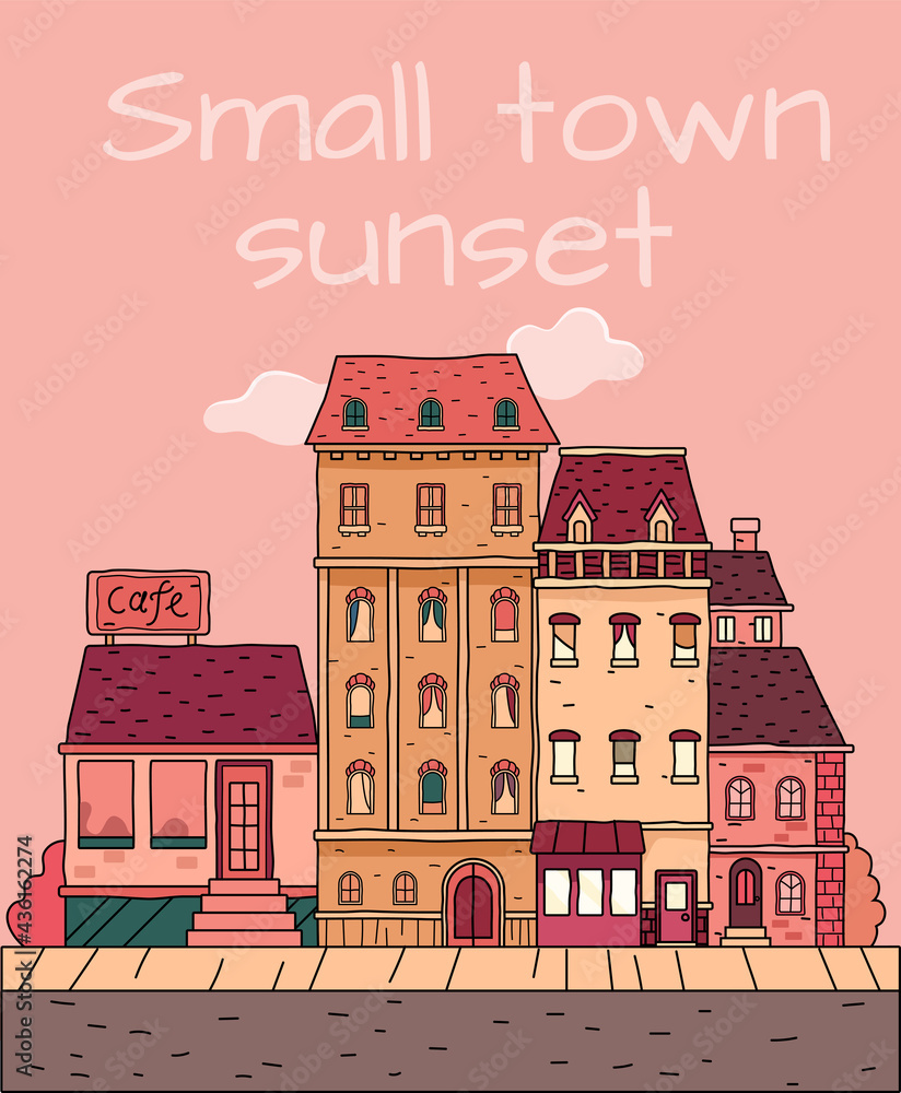 vector illustration of small town of bright colours with bold rough lines, orange colour scheme, sunset colour scheme