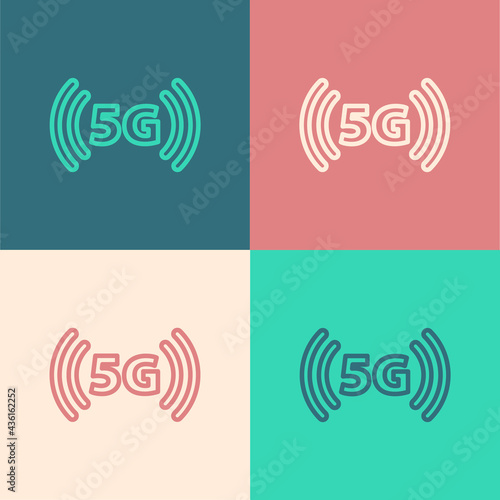 Pop art line 5G new wireless internet wifi connection icon isolated on color background. Global network high speed connection data rate technology. Vector