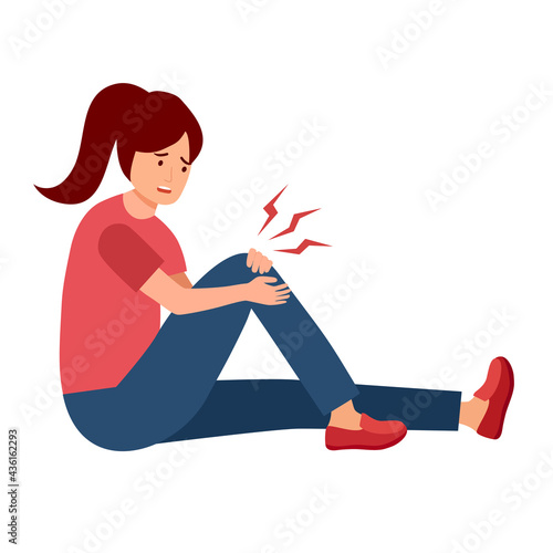 Knee injury concept vector illustration on white background. Woman has leg pain in flat design. Muscle or bone problem.