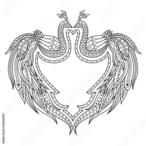 Hand drawn of peacock in zentangle style