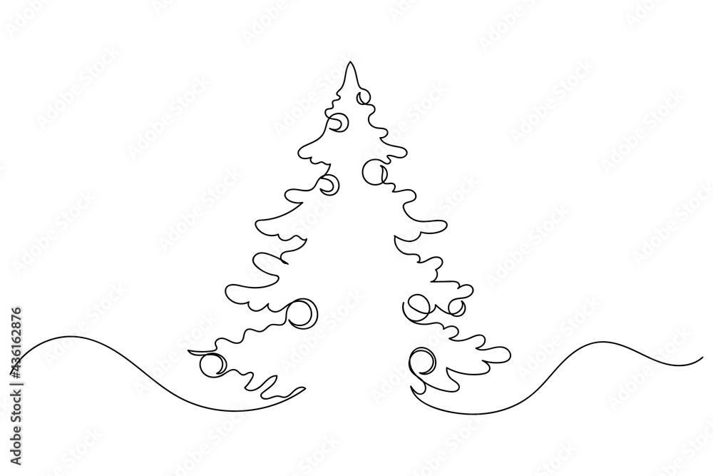 Continuous one line of christmas tree in silhouette. Linear stylized.Minimalist. Happy new year 2022 2023 2024 2025 concept Continuous one line of christmas tree in silhouette. Linear stylized.Minimalist. Happy new year 2022 2023 2024 2025 concept