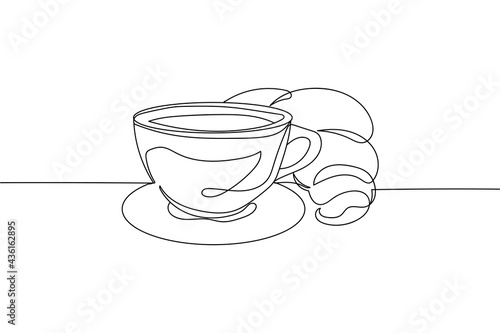 Continuous one line of hot coffee and croissant in silhouette. Linear stylized.Minimalist.