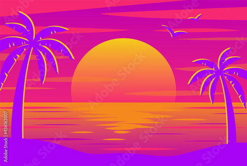 vector background with sunset on the beach with palms for banners, cards, flyers, social media wallpapers, etc. © mar_mite_