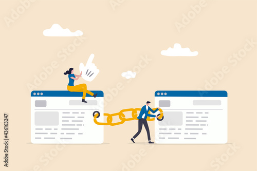 Add back link to website in increase quality score in SEO, search engine optimization concept, people digital team attach chain link to websites browser for SEO optimization. photo