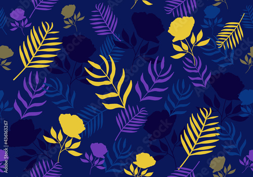 Vector Seamless Colorful Hand drawn Tropical Pattern. Jungle background with the palm and monstera leaves and pretty flowers for fabric, packaging, wrapping paper, prints, ads
