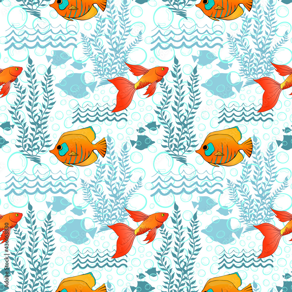 Naklejka premium Tropical coral fishes and seaweed seamless pattern. Exotic ocean creatures surface pattern design. Marine animals endless texture. Underwater fauna boundless background. Sea life editable tile.