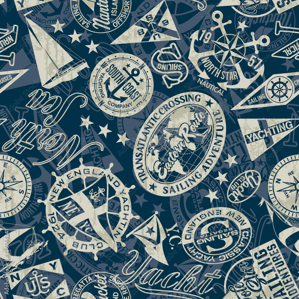 Nautical style marine sailing badges wallpaper vector seamless pattern grunge effect in separate layer