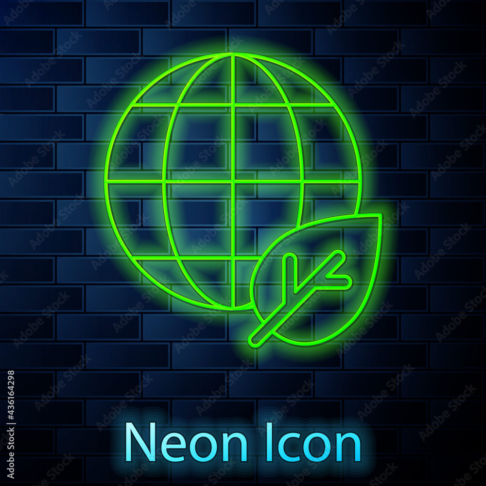 Glowing neon line Earth globe and leaf icon isolated on brick wall background. World or Earth sign. Geometric shapes. Environmental concept. Vector Glowing neon line Earth globe and leaf icon isolated on brick wall background. World or Earth sign. Geometric shapes. Environmental concept. Vector