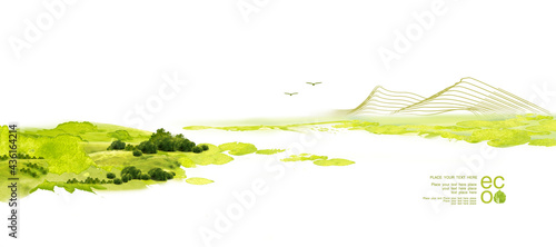 Illustration of environmentally friendly planet. Green hills and field with tree planting with watercolor stains,isolated on a white background. Think Green. Ecology Concept. Environmental awareness.