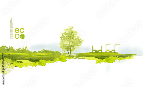 Illustration of environmentally friendly planet. Green factory and tree on the field, planting from watercolor stains,isolated on a white background. Think Green. Ecology Concept. photo