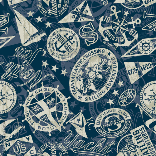Nautical style marine sailing badges wallpaper vector seamless pattern grunge effect in separate layer © PrintingSociety