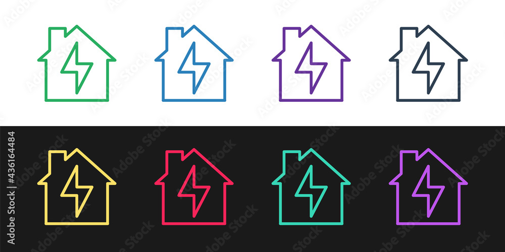 Set line House and lightning icon isolated on black and white background. Home energy. Vector Set line House and lightning icon isolated on black and white background. Home energy. Vector