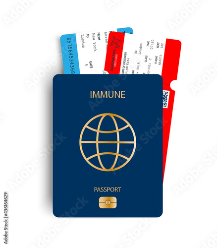 Passport with tickets. Vector immunity passport with airplane tickets inside.Vacation and travel concept .Vector isolated on white background.Vaccine or immune passport.