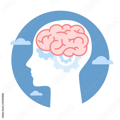 Silhouette of human head with brain, gear inside. Mental health , therapy, treatment, head thinking concepts. World Mental Health Day. Memory training, brain system, psychology, knowledge design