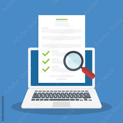 Online digital document inspection or assessment evaluation on laptop computer, contract review, analysis, inspection of agreement contract, compliance verification. Vector illustration	